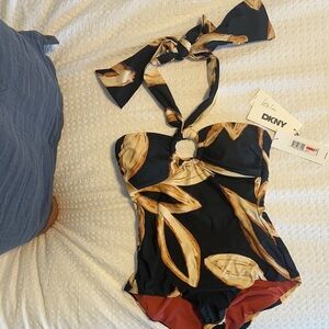 DKNY Black and Brown One Piece Swimsuit